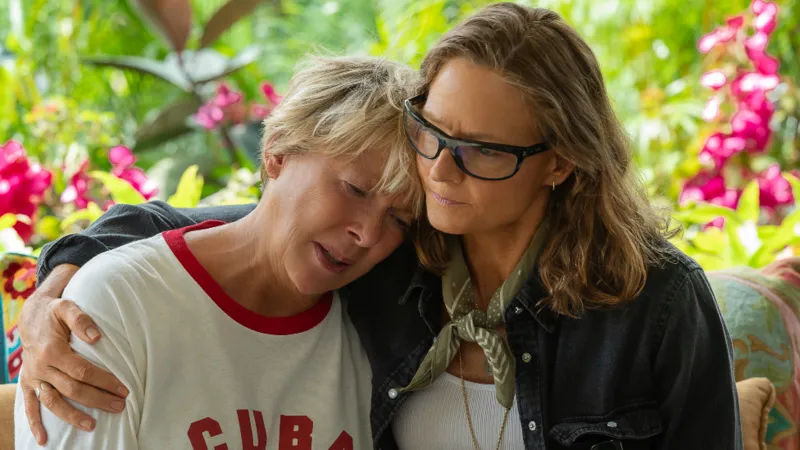 Jodie Foster as Bonnie Stoll and Annette Bening as Diana Nyad in NYAD (Netflix)